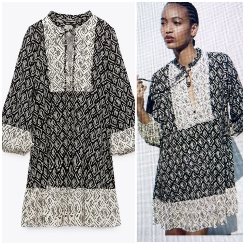 Zara Patchwork Geo Contrast Print Bohemian Mini Dress Size M NWT - Picture 3 of 16